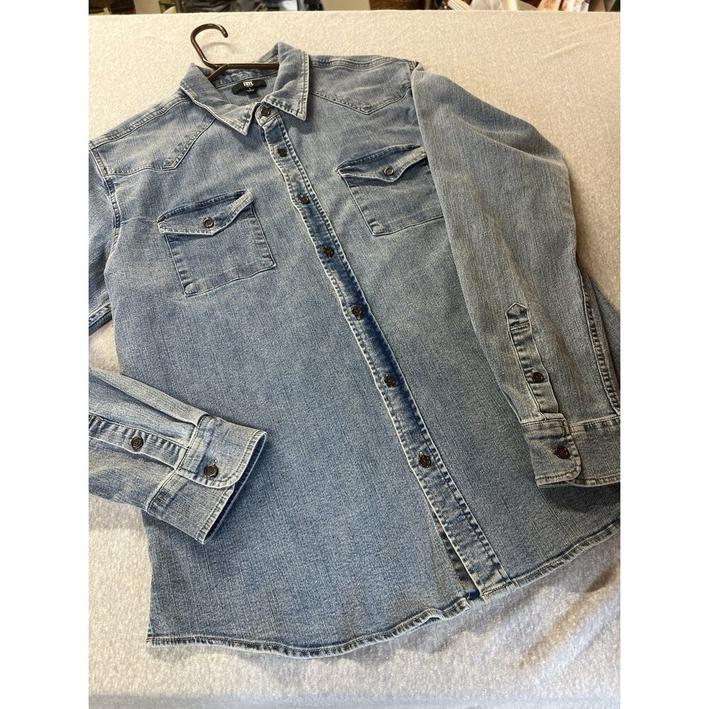 Frye Denim Shirt Men’s Lg Distressed Faded Button Up Work Wear Blue